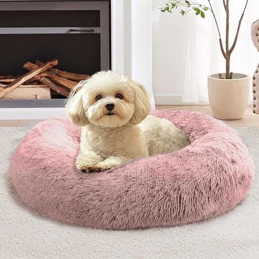 JOLLYVOGUE Small Dog & Cat Beds for Indoor Cats, Donut Cuddler Warming Soft Dog Beds with Anti-Slip Bottom, Round Calming Fluffy Plush Faux Fur Cushion Bed for Small Dogs (20", Dark Pink)