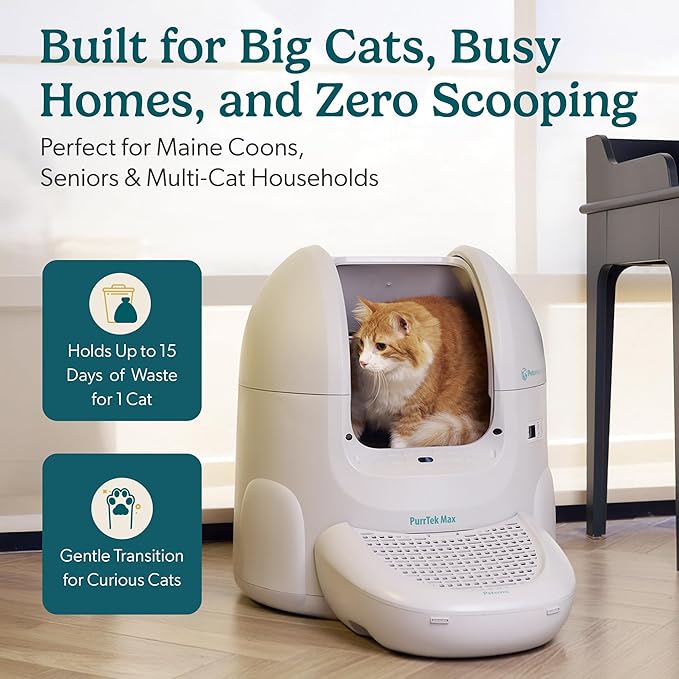 Petcove Self Cleaning Automatic Litter Box for Multi Cat - XL 65L Drum/Ultra Quiet 30-35dB Operation / 5 Safety Sensors/Easy App Control with Ultra Fast 5 GHz WiFi - Includes Ramp & 15 Litter Bags