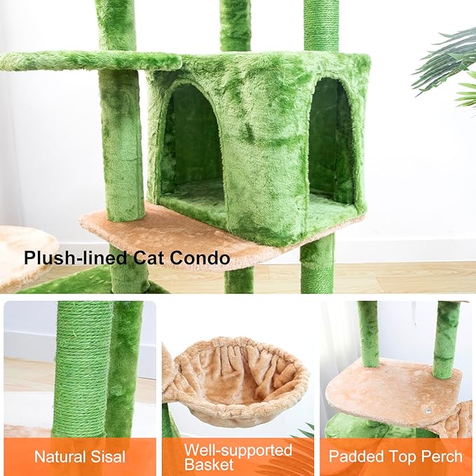 Cat Tree 78in Cat Tree Tower for Indoor Cats Plush Multi-Level Activity Center with Cave Baskets Scratching Posts Green (Green, 78")