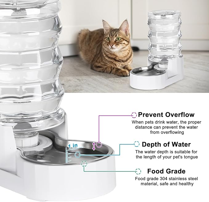 RIZZARI Pet Water Bowl Dispenser: 4L Automatic Stainless Steel Gravity Feeder with Specialized Brush and Triple Filter - Large Capacity for Cats and Dogs with Joint Spine Pain - for Kitchen Bedroom