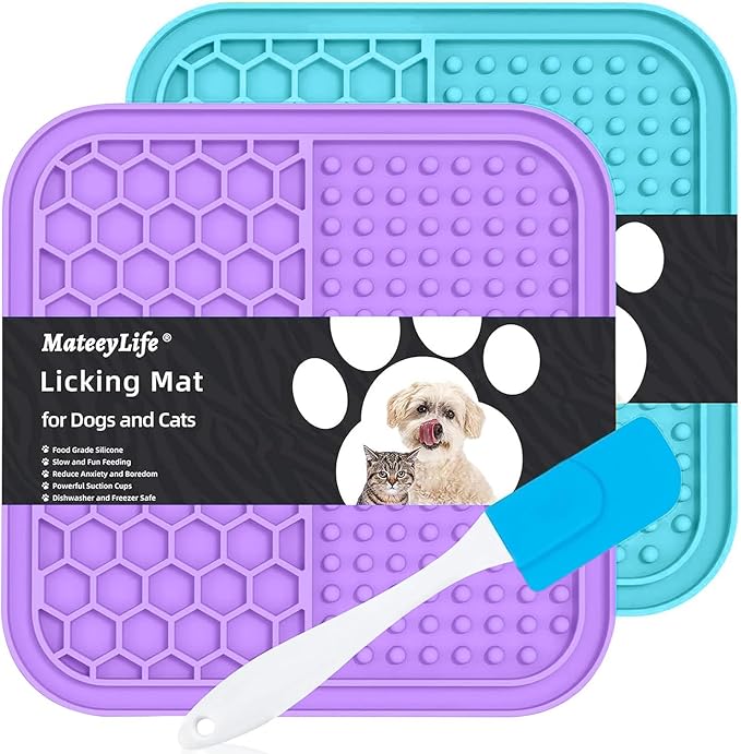 MateeyLife 2PCS Small Lick Mat for Dogs and Cats, Licking Mats for Dog Anxiety Relief, Cat Peanut Butter Lick Pad for Boredom Reducer, Dog Treat Mat Perfect for Bathing Grooming Purple&Light Blue