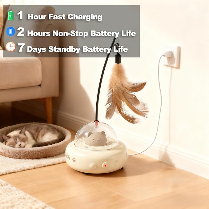 2 in 1 Rechargeable Interactive Cat Toys for Indoor Cats Self Play, Automatic Kitten Toys with Feather Wand and Laser Pointer for Cat Gifts (Cream Coffee)