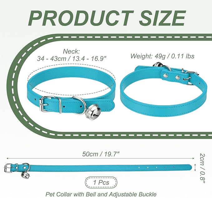 Dog Collar with Bell, Pu Leather Cat Collars Pet Basic Soft Padded Adjustable Buckle, 20" (Bright Blue, 1 Pcs), Intended for Teacup/Little Dog/Kitten Cats/Small Animals