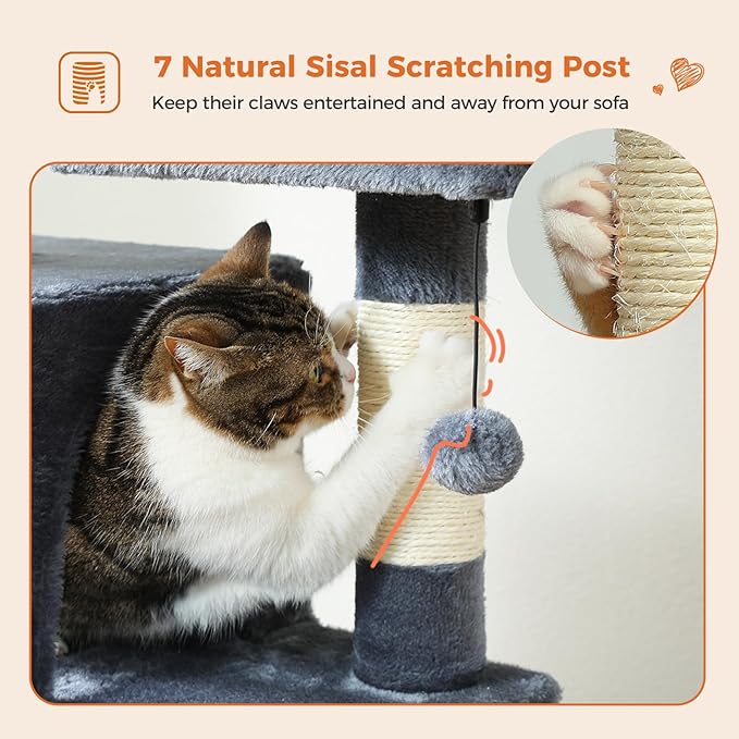 Cat Tree for Indoor Cats, 64.5" Tall Cat Tower with 2 Cozy Condos, Scratching Posts, Large Hammock and Dual Padded Perches, Multi-Level Activity Center for Large Cats, Dark Grey