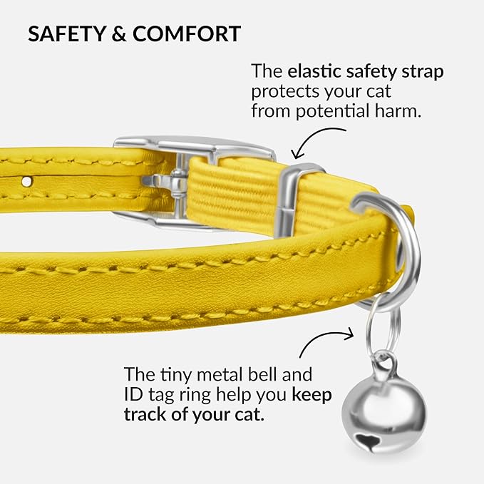 CollarDirect Leather Cat Collar with Bell - Kitten Collar, Small and Big Cat Strap for Boy Cats, Girl Cats with Safety Elastic Strap (Neck Fit 8"-11", Yellow)