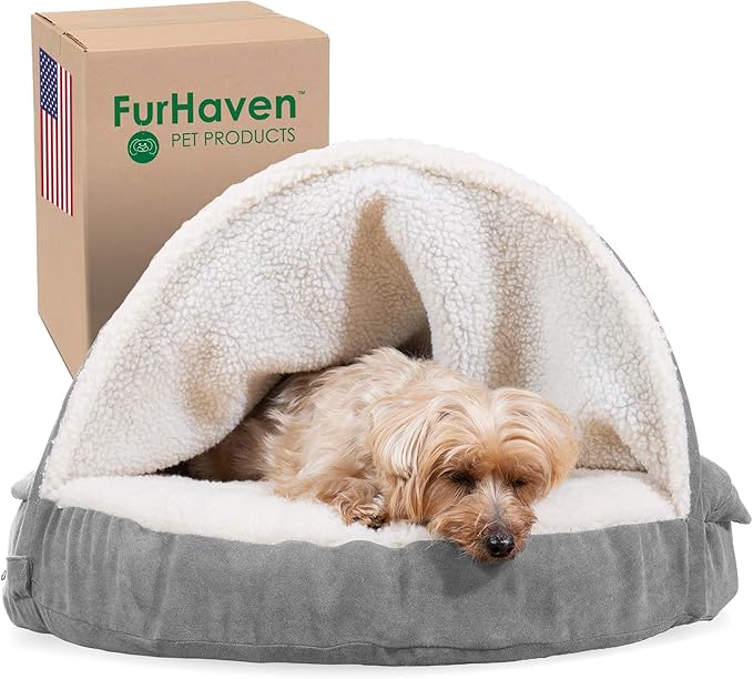 Furhaven 26" Round Memory Foam Dog Bed for Medium/Small Dogs w/ Removable Washable Cover, For Dogs Up to 30 lbs - Sherpa & Suede Snuggery - Gray, 26-inch