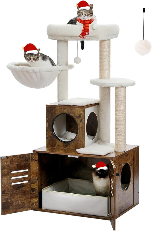 Cat Tree with Litter Box Enclosure, 50-inch All-in-One Modern Cat Furniture for Large Cats, Features Condo, Hammock & Top Perch, Rustic Brown