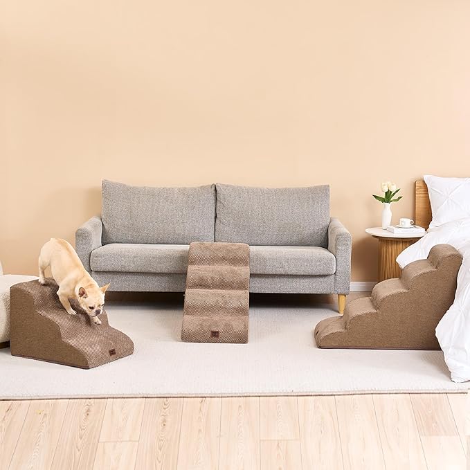 EHEYCIGA Curved Dog Stairs Ramp for Small Dogs 15.7" H, 3-Step Dog Steps for Couch Sofa and Chair, Pet Stairs for Cats, Non-Slip Balanced Pet Steps Indoor, Camel
