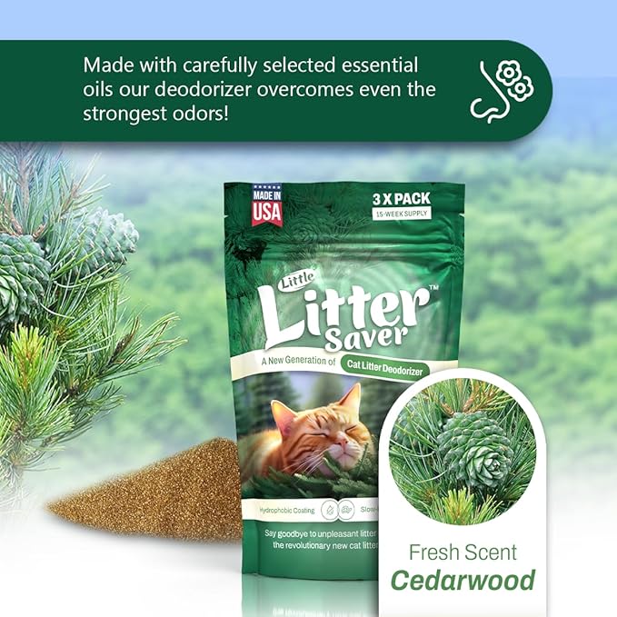 Little Litter Saver | a New Generation Of Cat Litter Box Deodorizer | Unique Formula for Slow Release | Natural Fresh Scent | Up to 15 Weeks Supply | 3 x 0.5oz bags (Cedar)