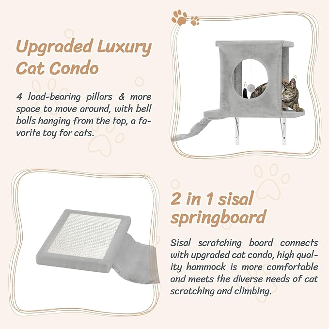 NUNU LAB 14-in-1 Cat Wall Shelves Set, Wall-Mounted Cat Climber with Bridge, Tunnel, House, Scratcher, Steps, Indoor Space-Saving Furniture for Kittens Play, Gray