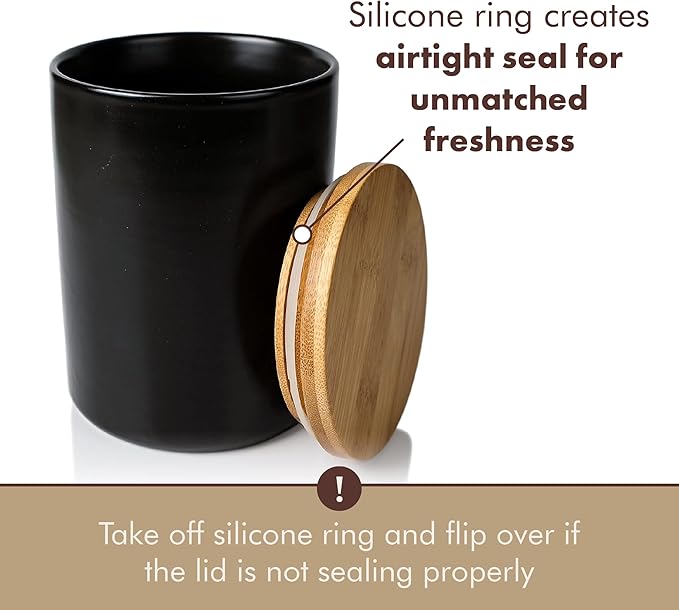 Arthausen Black Ceramic Storage Jar Canister for Flour Sugar - Airtight Bamboo Lid w/Silicone Seal, Spoon - Modern Abstract Art Design for Kitchen Counter Bathroom - 4 cup / 1080mL