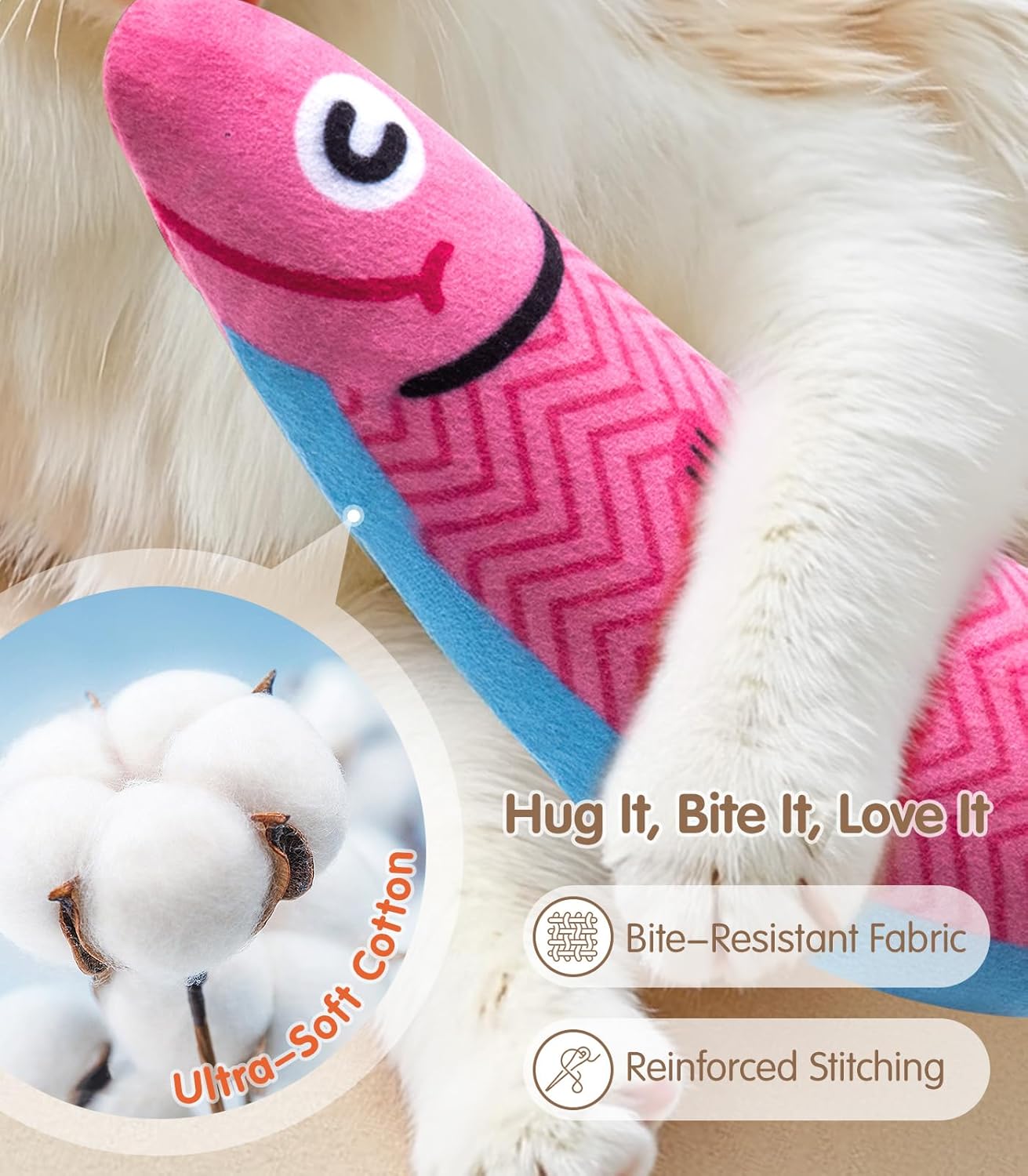 Interactive Cat Toys with[5000mg Premium A+Catnip &Silvervine][Baby Grade] Soft Chew Kicker Cat Toys for Indoor Cats & Kittens, Crinkle &Rattle Fish Sound Toy, Drives Bored Cats Crazy with Fun,3 Pack