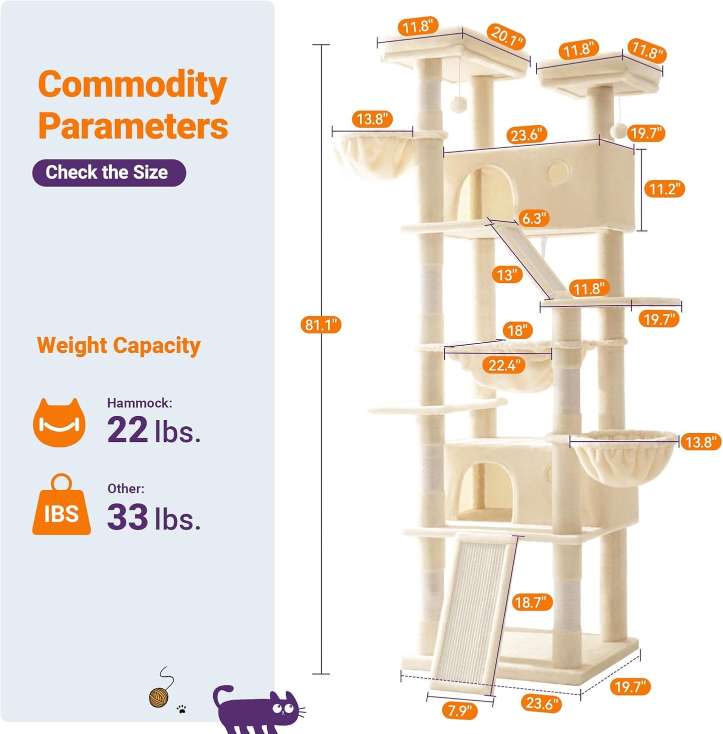 Allewie 81 Inches Tall Cat Tree/Multi-Level Large Climbing Tree House and Towers for Big Feline/Condo and Hammock/Scratching Post/Wide Base/Beige