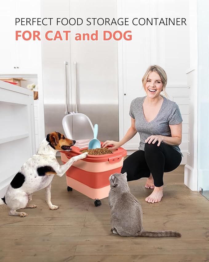 ANVS Dog Food Storage Container - Up to 20lbs Collapsible Dog Food Container with Casters, Scoop and 2.5L Small Pet Food Container to Keep Dry Pet Food Fresh (Pink)