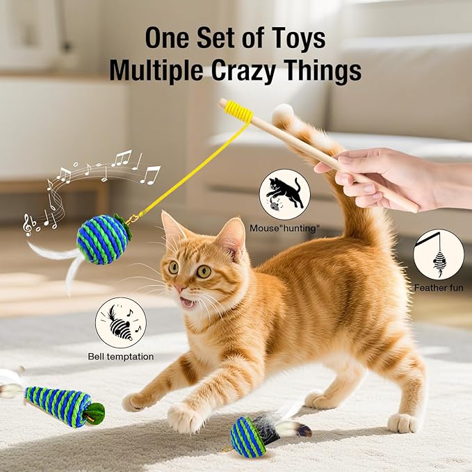 UTEE Pet Simulation Feather Toy Set Interactive Cat Toy with Mini Bell, Cat Teaser and Eco-Friendly Materials to Stimulate Play and Enhance Intimacy (Green and Blue)