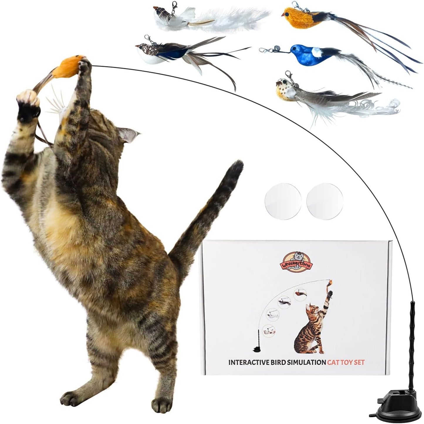Interactive Bird Simulation Cat Toy Set, Interactive Cat Toys for Indoor Cats, Cat Feather Toy, Self-Holding Suction Base, 5 Replacement Birds, Feathers & Bells, Realistic Bird Impression