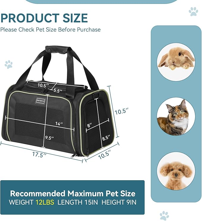 PETSFIT Pet Carrier Airline Approved with Extendable Mat, Dog Carriers for Small Dogs, TSA Approved Pet Carrier, Puppy Carrier for Small and Medium Cats Under 12 Lbs, Black