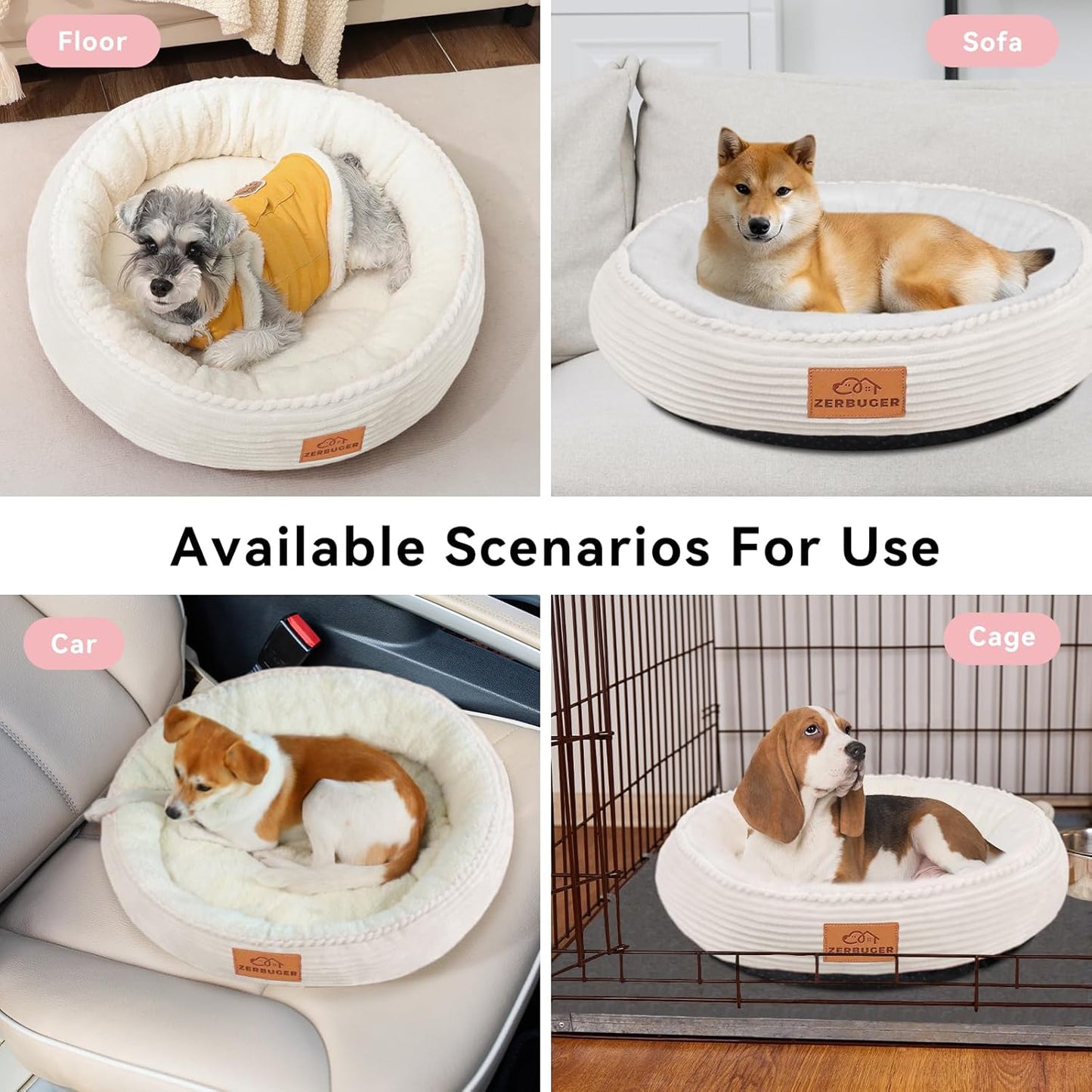 30in Round Dog Bed Sofa for Small/Medium/Large Dogs, Machine Washable Supportive Foam Pet Couch with Washable Removable Mat and Non-Slip Bottom, Pet Cuddler for Indoor/Outdoor/Car/Cage, Cream