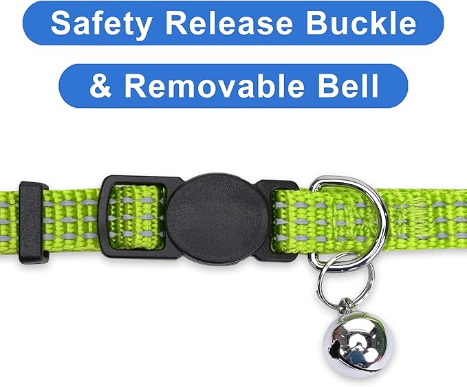 Pawtitas Reflective Green Cat Collar with Safety Buckle and Removable Bell for Kitten and Cats