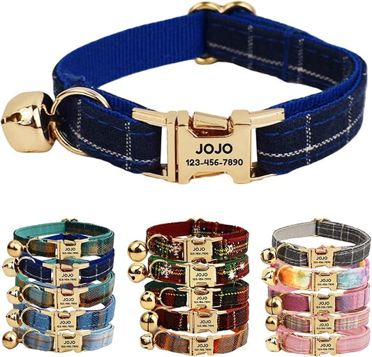 Plaid Polyester Personalized Cat Collar with Name & Owner Phone, Customizable Laser-Engraved, Charming Bell, Metal Buckle for Kittens and Cats - Matching Leash Available (Style-F)