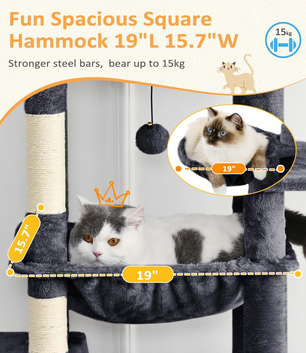 Cat Tree Large Cat Tower Tree 68" Multi-Level Cat Tower for Indoor Cats with Sisal Scratching Posts, Widen Cat Perche, Square Hammock, 2 Widen Condos, Scratching Posts, Grey