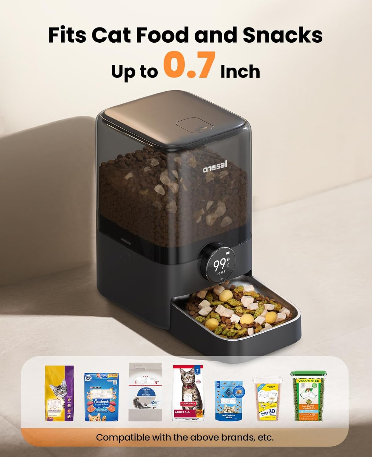 oneisall Cordless WiFi Automatic Cat Feeder, Rechargeable 100-Day Battery Operated Pet Feeder, 20 Cups/5L Timed Cat Food Dispenser for Large Kibble, Smart App Control (Black)