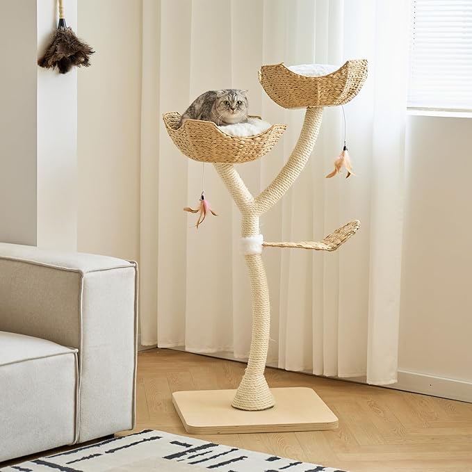 51" Tall Modern Luxury Cat Tree Tower Cat Scratching Post with Handwoven Baskests for Multiple Cats Furniture for Cat Lover Gifts(51" Natural)