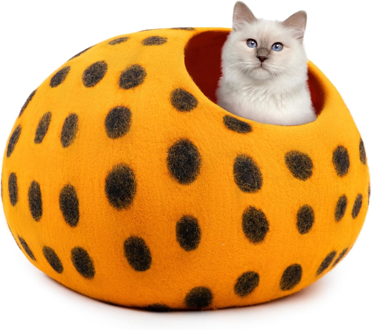 Woolygon Premium Felt Cat Cave Bed - Polka Dot Series - Wool Kitty Beds Handcrafted Kitten Caves Bed for Indoor Cats - Eco-Friendly Merino Wool, Foldable Cat Hideaway Cat Houses (Orange/Black Dots)