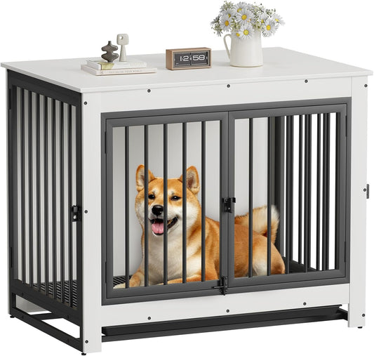 Dog Crate Furniture, Dog Crate End Table for Medium and Large Dogs,Wooden Cage Kennel Furniture Indoor, Modern Dog Crate with Multi-Purpose Removable Tray, Double-Doors Dog Furniture, White