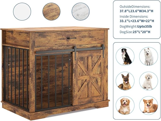 37.8" Dog Crate Furniture, Farmhouse Style 2-in-1 Dog Crate with Sliding Barn Door for Small/Medium Dogs, Dual Function as Side Table with Storage Drawer, 2-in-1 Iron-Wood Fusion Design, Brown