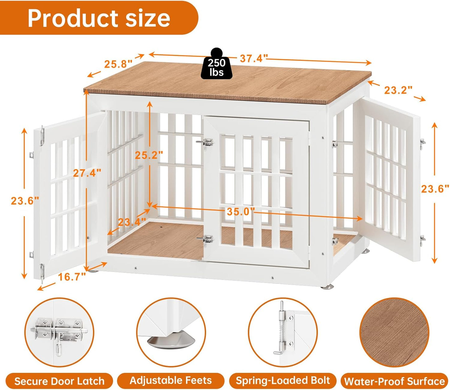 32" Heavy Duty Dog Crate Furniture for Small,Medium and Large Dogs,Rustic Wooden Dog Cage Kennel Indoor Furniture with Waterproof Top,Decorative Pet House Side End Table (White & Wood)