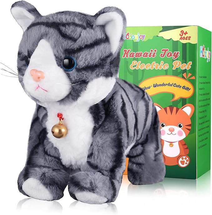 Pattern Gray Robotic Cat Toy for Kid That Move and Meow Purrs Touch Control Kitten Toys Animated Realistic Kitty Toys Kitten Robot Toy for Halloween Birthday H:12"