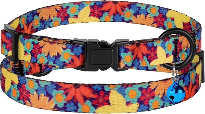 4PCS Breakaway Cat Collars with Bell - Cute Soft Adjustable Safety Kitten Collars 4-Pack - Nylon Pet Collars Nature Tribal Striped Floral Space Aztec Flowers Print (Floral)