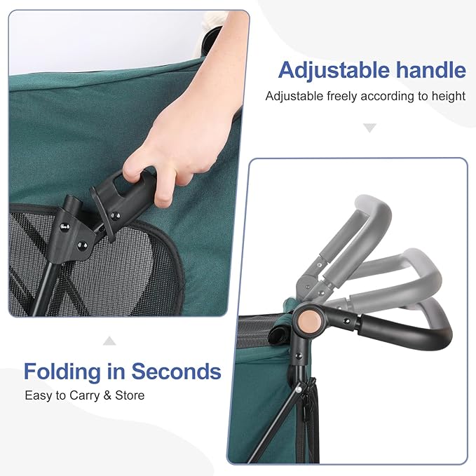 Large Dog Travel Stroller with 4 Heavy Duty Wheels Pet Stroller with Adjustable Handle - Double Doggie Capacity Jogger Wagon with Back Front Door for Small Medium Large Dogs (Dark Green-C)