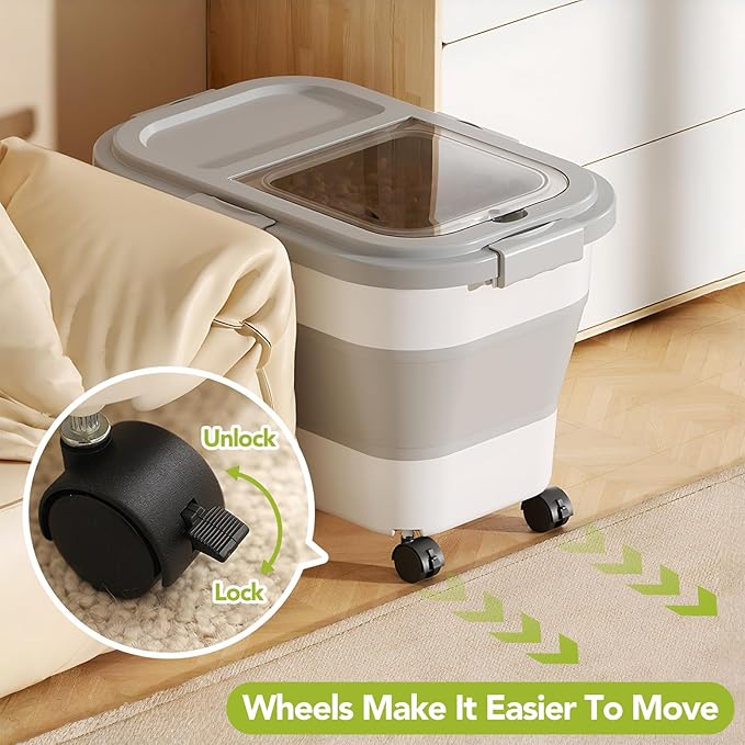 15 Lbs Dog/Cat Food Storage Container,Collapsible Food Storage Containers with Rolling Wheel Airtight Locking Lid,Pet Food Storage Container with Cup and Scoop,Grey