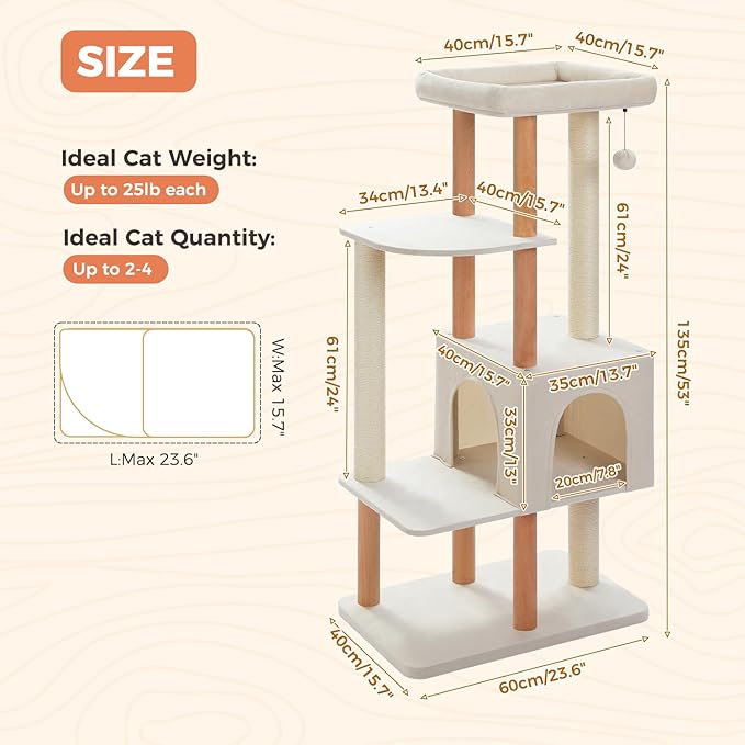 53" Modern Cat Tree for Large Cats, Wooden Cat Tower with Fully Sisal Covered Scratching Posts and Solid Wood Posts, Cat Furniture with Spacious Perch and Cozy Condo Beige