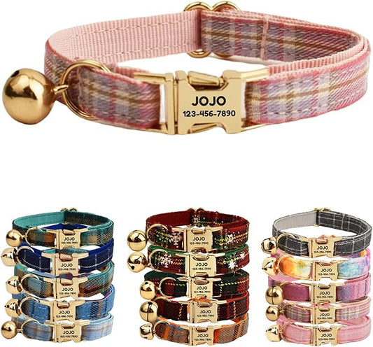 Plaid Polyester Personalized Cat Collar with Name & Owner Phone, Customizable Laser-Engraved, Charming Bell, Metal Buckle for Kittens and Cats - Matching Leash Available (Style-I)