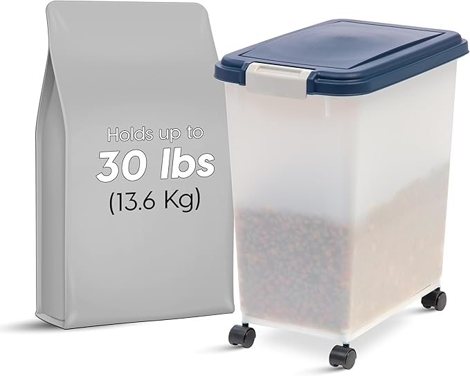IRIS USA Airtight Dog Food Storage Container, Up to 30 lbs, Attachable Wheels, for Dog Cat Bird and other Pet Food Storage Bin, Keep Fresh, Easy Mobility, BPA Free, Navy/Pearl
