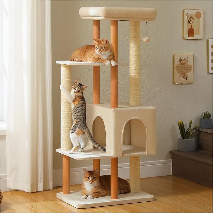 53" Modern Cat Tree for Large Cats, Wooden Cat Tower with Fully Sisal Covered Scratching Posts and Solid Wood Posts, Cat Furniture with Spacious Perch and Cozy Condo Beige