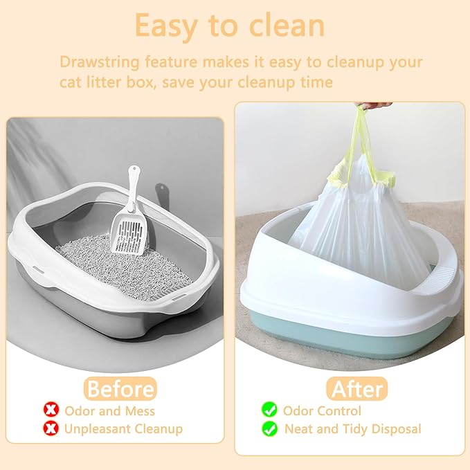 24 Count Cat Litter Box Liners - Large Drawstring Cat Litter Bags, Extra Thick Heavy Duty Durable Litters Tray Pet Cats Pan Liners, Waste Replacement Bags for Self-Cleaning Cats Litter Boxes 18" x 37"