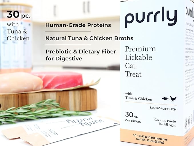 Purrly Cat Treat Topper Lickable Wet Squeezable Healthy Human-Grade Tuna & Chicken Breast with Prebiotic and Dietary Fiber for Indoor Cats (30 Count) Grain-Free Non-GMO No-Preservatives