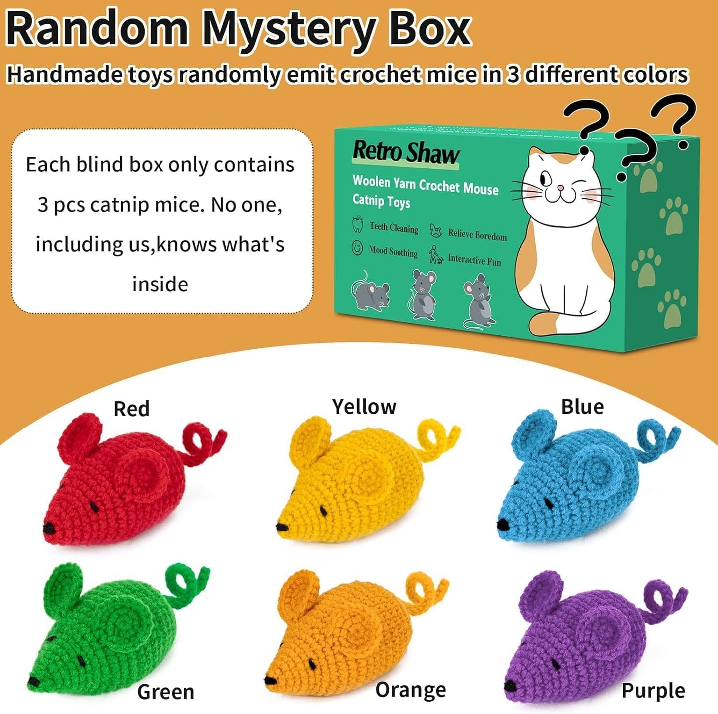 Retro Shaw Catnip Toys Crochet Mice Cat Toys,3 Pcs Yarn Cat Nip Mouse Animals Toy,Safe Teeth Cleaning Toy for Indoor Kittens