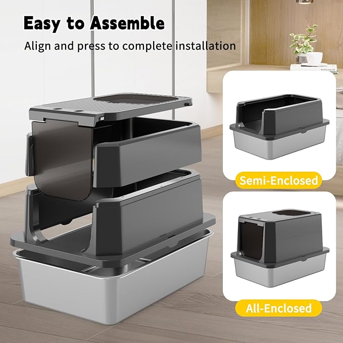 RIZZARI Enclosed Cat Litter Box: All Black Stainless Steel Odorless Cat Box - Top-Entry Design - Large Capacity Leak Proof Litter Pan for Cats - Easy Clean Pet Toilet - for Living Room Bedroom