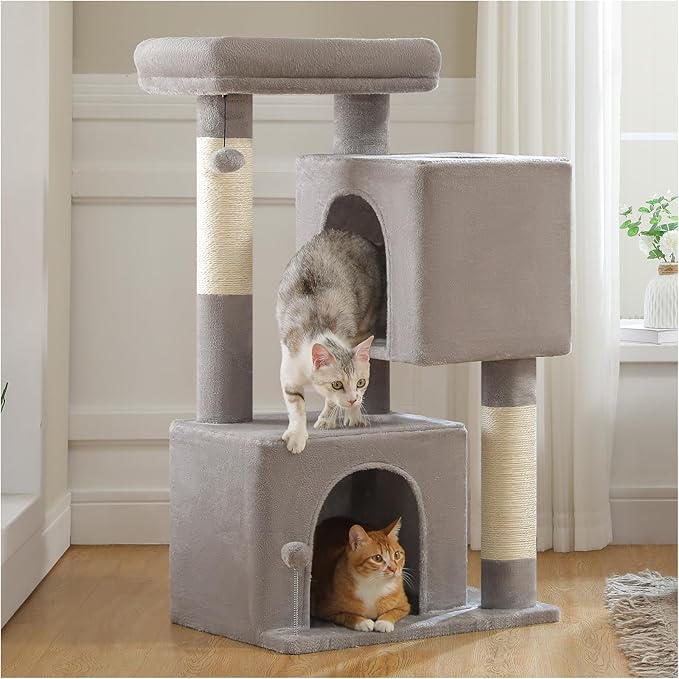 XL Cat Tower 44" Cat Tree for Large Cats 20 lbs+, 2 Spacious Condos with 3.4" Thickened Scratching Post, Large Top Perch, 2 Interactive Toys, Grey