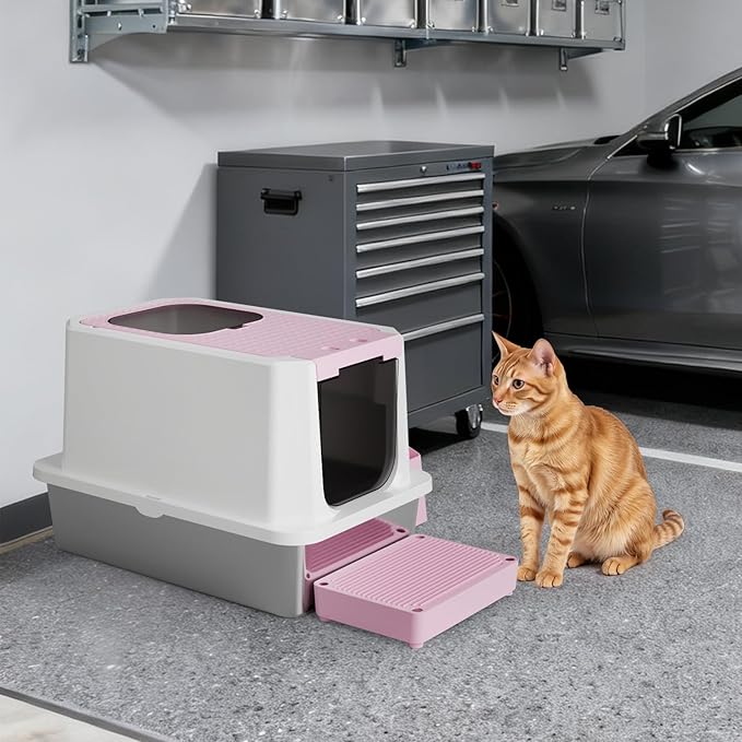 RIZZARI Enclosed Cat Litter Box: Pink Stainless Steel Odorless Cat Box - Top-Entry Design - Large Capacity High-Sided Leak Proof Litter Pan for Cats - Easy Clean Pet Toilet - for Living Room Bedroom