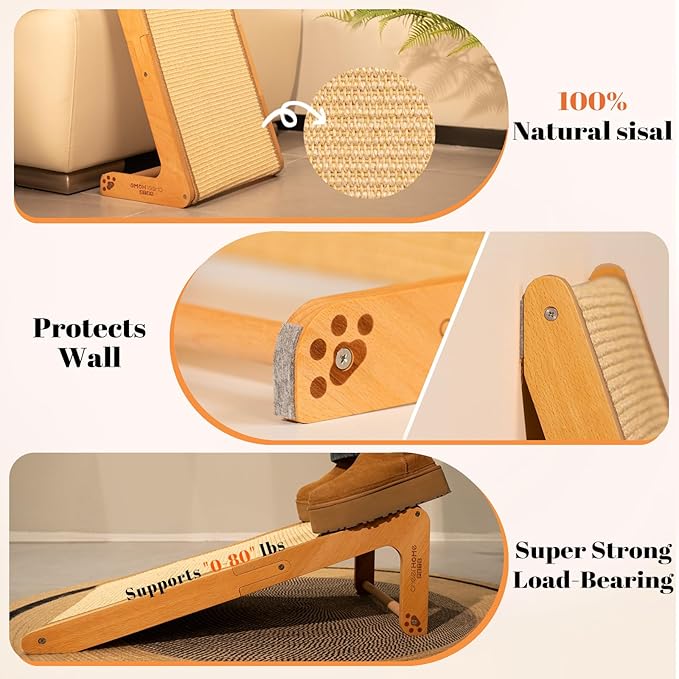 CHEERHOME PETS Sisal Cat Scratcher Ramp for Indoor Cats, 24.8" L Shape Scratching Post Climbing Vertical Cat Scratch Pad, Solid Wooden Cat Furniture(Medium)