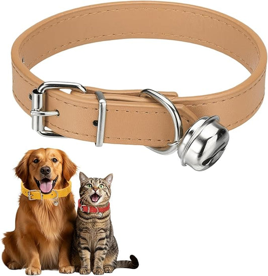 Dog Collar with Bell, Pu Leather Cat Collars Pet Basic Soft Padded Adjustable Buckle, 16" (Khaki, 1 Pcs), Intended for Teacup/Little Dog/Kitten Cats/Small Animals