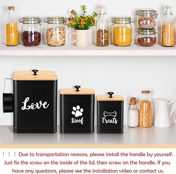 Metal Dog Treat Containers Set of 3 with Bamboo Lids and Spoon Airtight 7+3+2 lbs Dog Food Snack Jars with DIY Labels Big Pet Cookie Storage Jar for Kitchen Counter(Black,Classic)