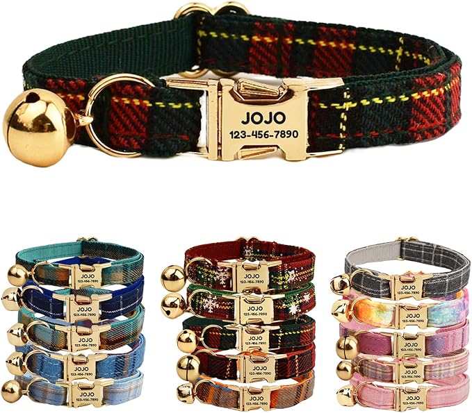 Plaid Polyester Personalized Cat Collar with Name & Owner Phone, Customizable Laser-Engraved, Charming Bell, Metal Buckle for Kittens and Cats - Matching Leash Available (Style-K)