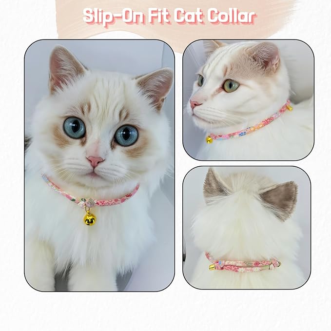 Handmade Cotton Cat Collar with Bell – Adjustable Slip-On Design, No Buckle, Lightweight Rope Collar for Kittens, Indoor Cats, and Small Pets (Blossom)